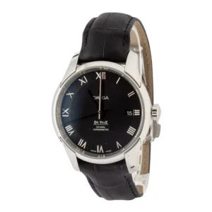 omega steel on leather de ville black roman dial